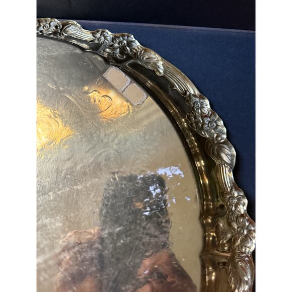 Vintage French Victorian Brass Serving Platter Etched Engraved Round Charcuterie - Picture 8 of 9